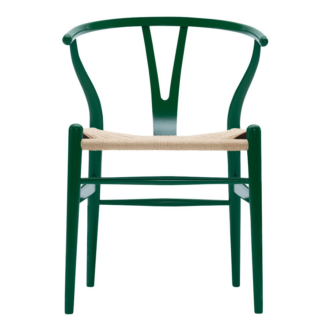 Green wooden chair with a sleek design and natural woven seat, showcasing a minimalist style.