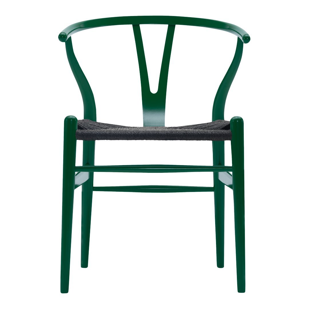 Green wooden chair with a modern design and a textured gray seat, showcasing a sleek, minimalist aesthetic.