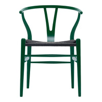 Green wooden chair with a modern design and a textured gray seat, showcasing a sleek, minimalist aesthetic.