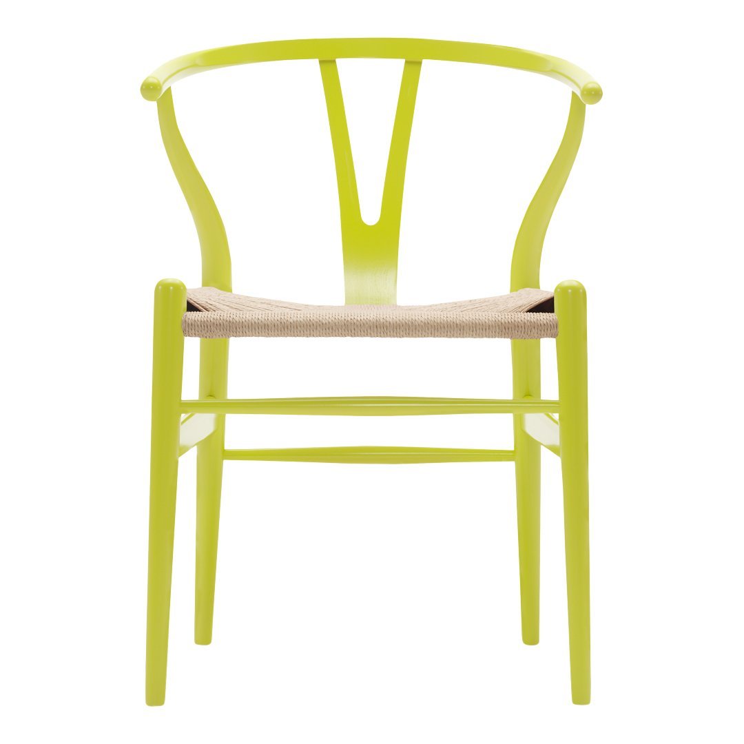 Lime green wooden chair with a natural woven seat and smooth, curved design. Ideal for modern decor.