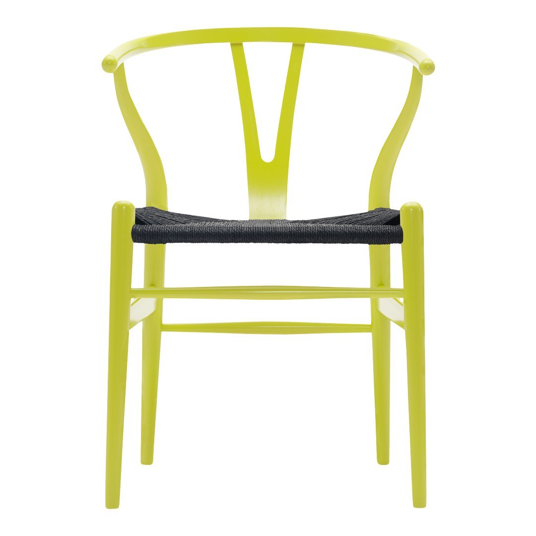 Vibrant yellow chair with a sleek design and dark gray seat, featuring minimalist lines and a modern aesthetic.
