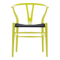 Vibrant yellow chair with a sleek design and dark gray seat, featuring minimalist lines and a modern aesthetic.