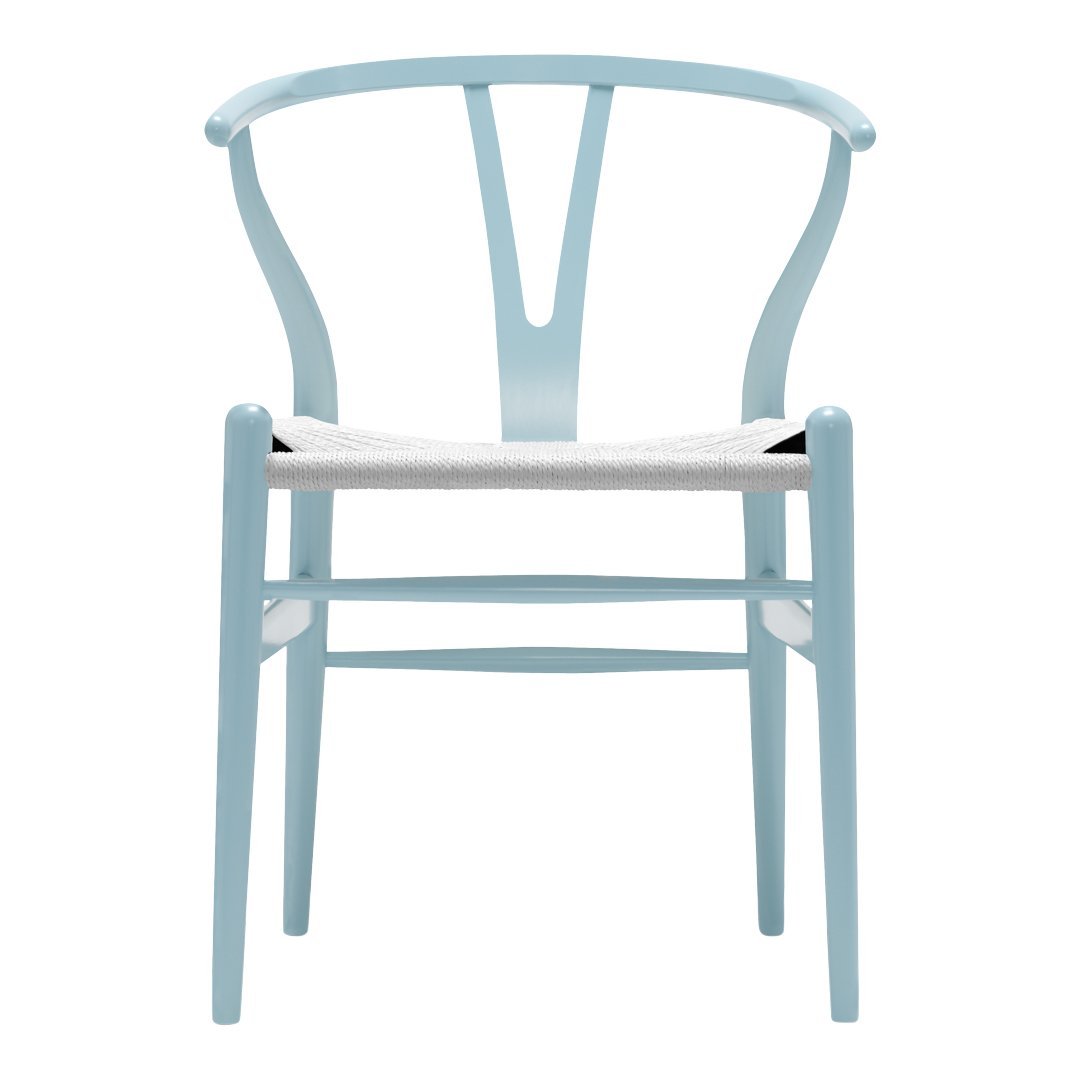 Light blue chair with a minimalist design and a natural weave seat, featuring clean lines and subtle elegance.