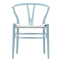 Light blue chair with a minimalist design and a natural weave seat, featuring clean lines and subtle elegance.