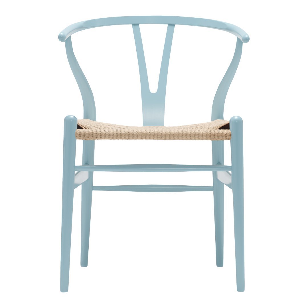 Light blue wooden chair with a natural woven seat, featuring a minimalist, modern design.