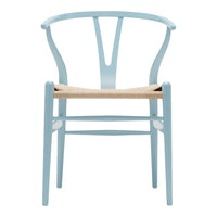 Light blue wooden chair with a natural woven seat, featuring a minimalist, modern design.