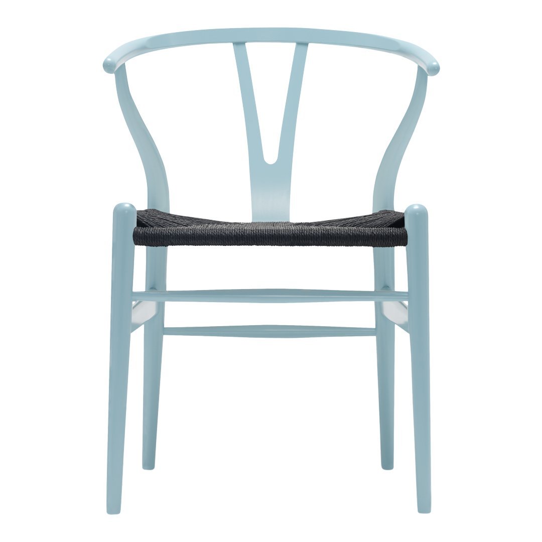 Light blue wooden chair with a black seat, showcasing a minimalist design and curved backrest pattern.