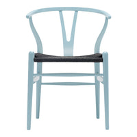 Light blue wooden chair with a black seat, showcasing a minimalist design and curved backrest pattern.