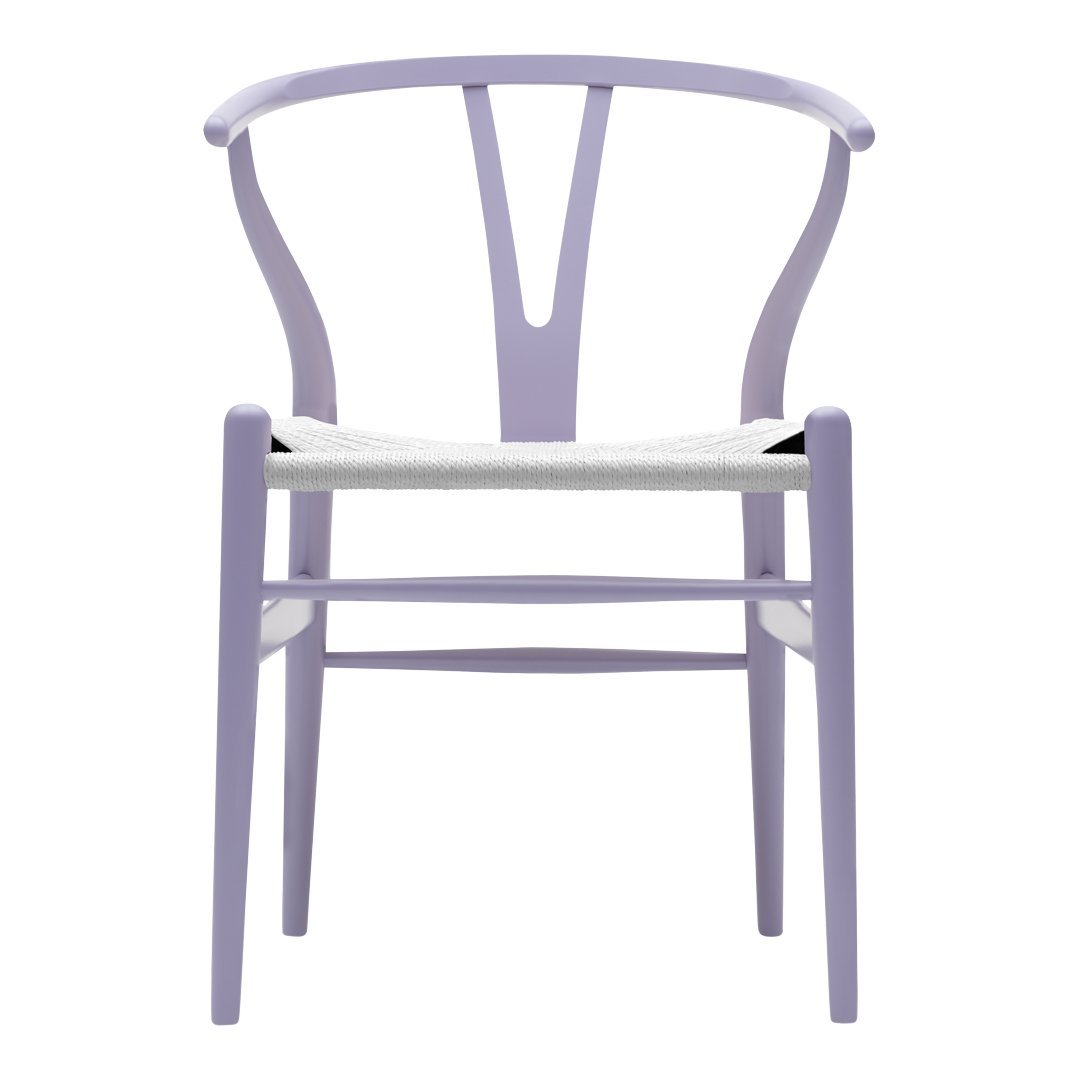 Lavender wooden chair with a simple white seat, featuring a minimalist design and elegant curves.