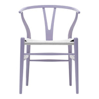 Lavender wooden chair with a simple white seat, featuring a minimalist design and elegant curves.