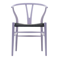 Lavender wood chair with a black woven seat and minimalist design. Stylish and modern home decor accent.