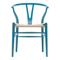Teal wooden chair with a woven natural fiber seat, featuring a modern, minimalist design.