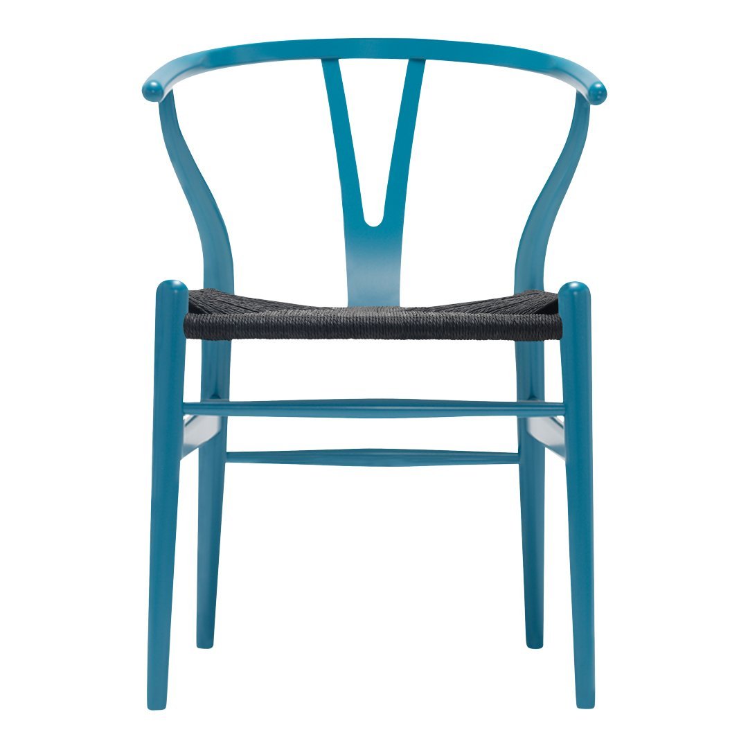 Turquoise wooden chair with a sleek design and a contrasting black woven seat. Perfect blend of color and style.