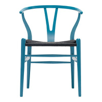 Turquoise wooden chair with a sleek design and a contrasting black woven seat. Perfect blend of color and style.