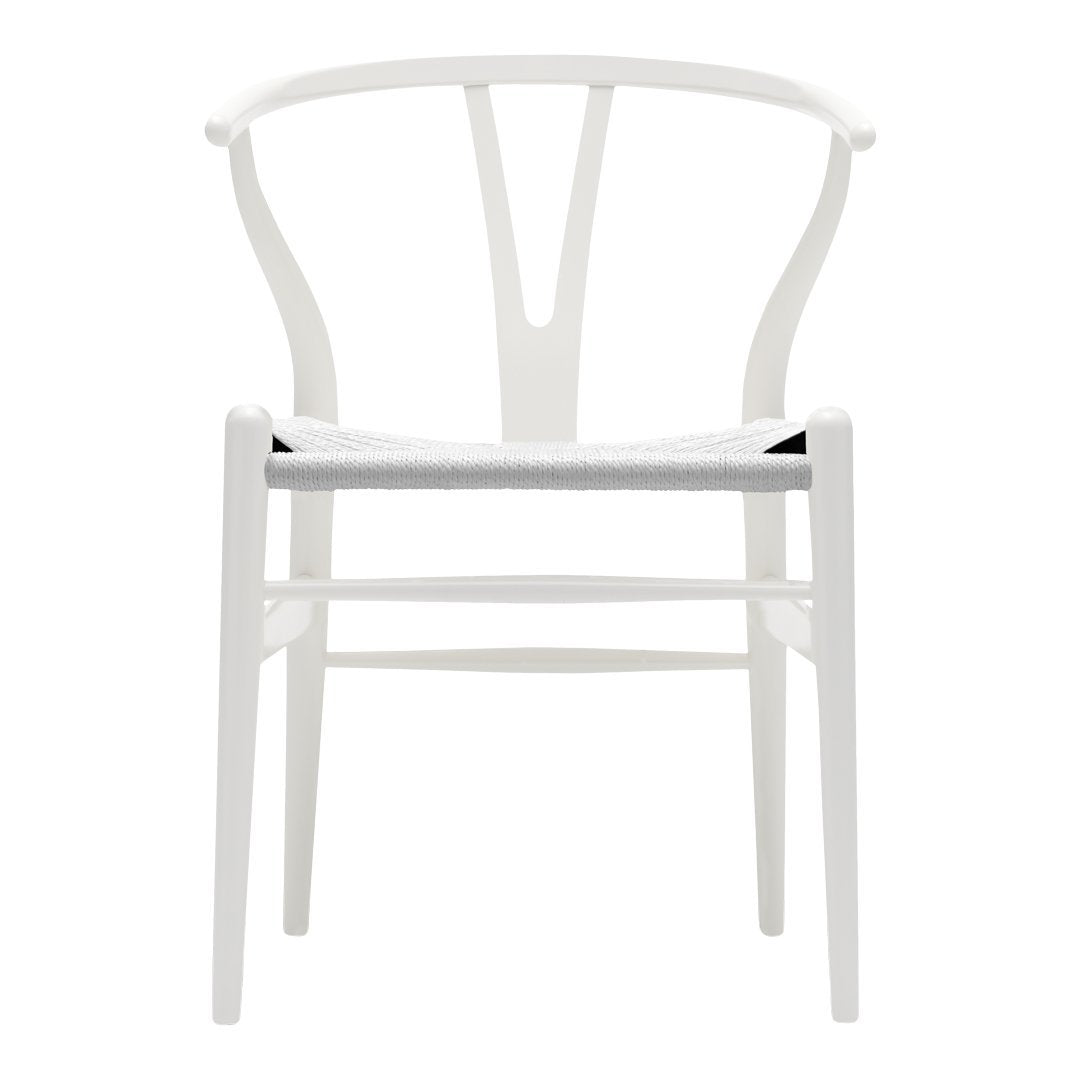White chair with a minimalist design and subtle gray seat, featuring smooth lines and a sleek finish.