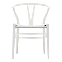 White chair with a minimalist design and subtle gray seat, featuring smooth lines and a sleek finish.