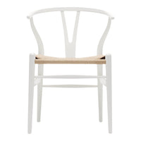White wooden chair with a woven natural seat and a minimalist design. Clean lines and neutral tones ideal for modern decor.
