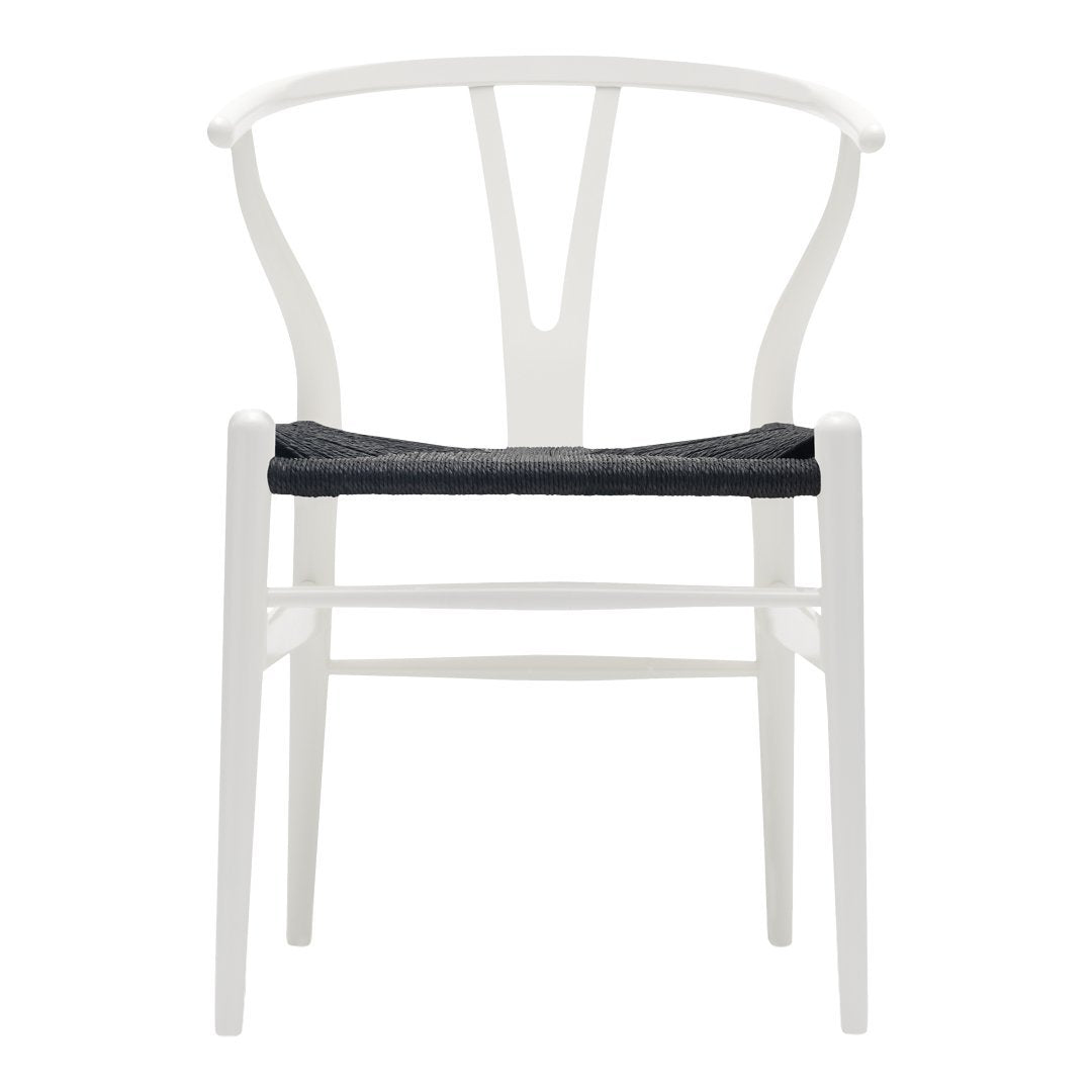 White wooden chair with a minimalist design and a dark gray fabric seat. Elegant and contemporary style.