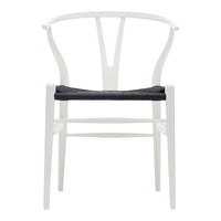 White wooden chair with a minimalist design and a dark gray fabric seat. Elegant and contemporary style.