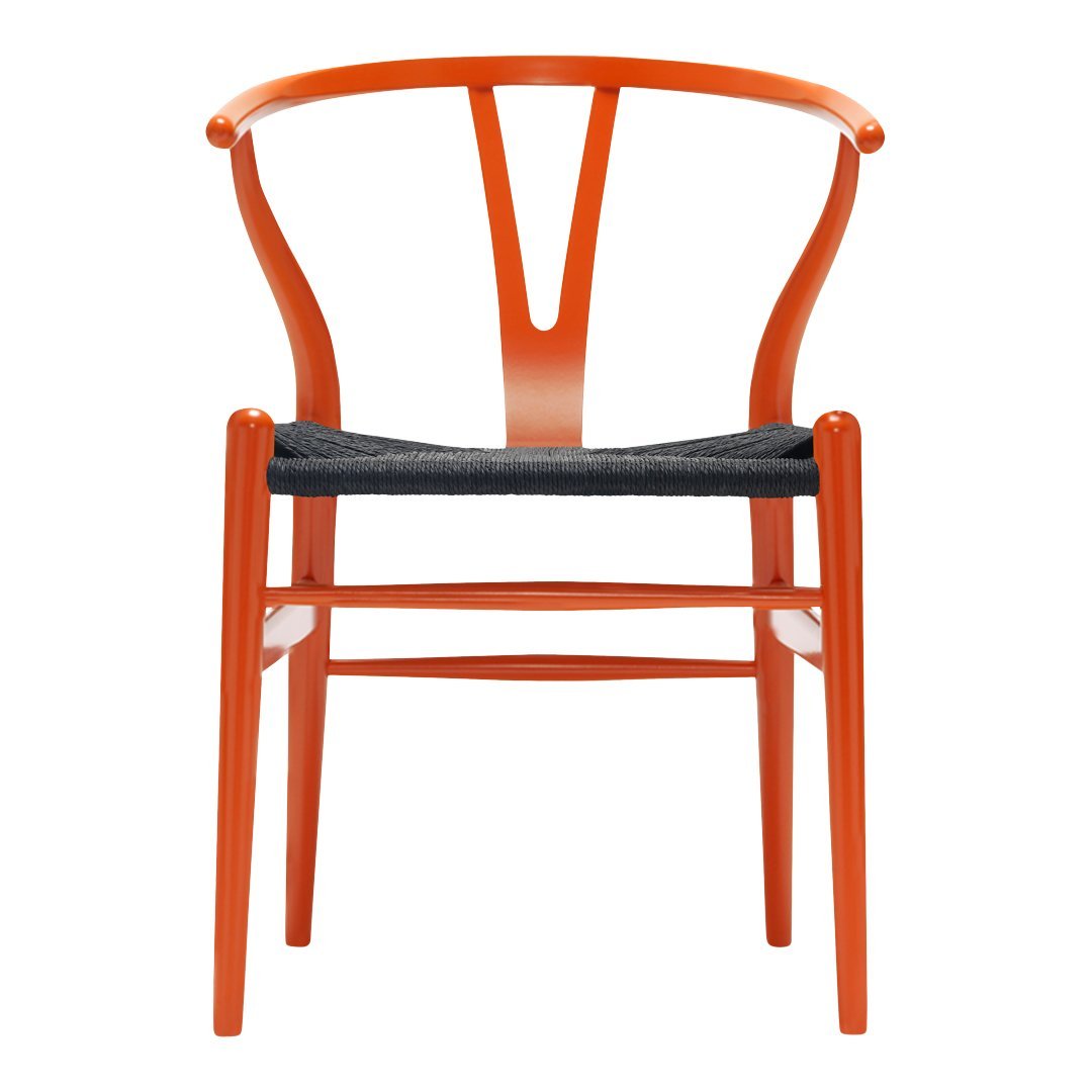 "Vibrant orange wooden chair with a classic design and a contrasting dark woven seat."
