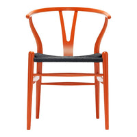 "Vibrant orange wooden chair with a classic design and a contrasting dark woven seat."