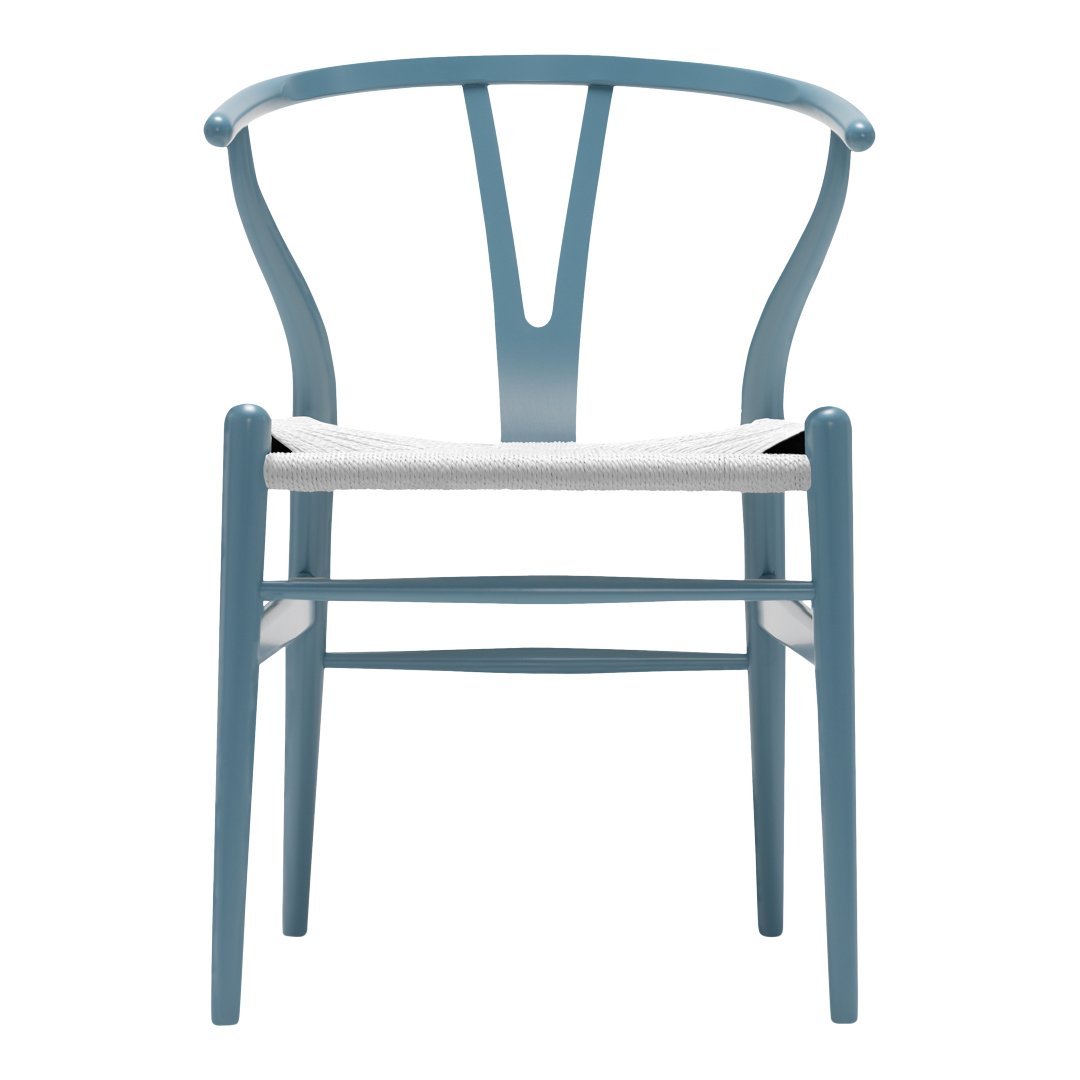 Light blue wooden chair with a white seat, featuring a minimalist design and curved back. Perfect for modern decor.