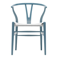 Light blue wooden chair with a white seat, featuring a minimalist design and curved back. Perfect for modern decor.