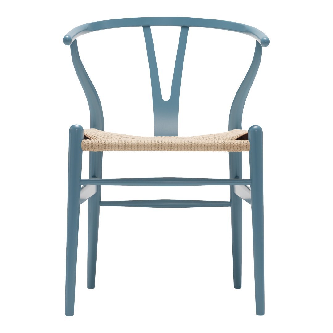 Light blue chair with a natural woven seat and minimalist Scandinavian design. Perfect for modern decor.
