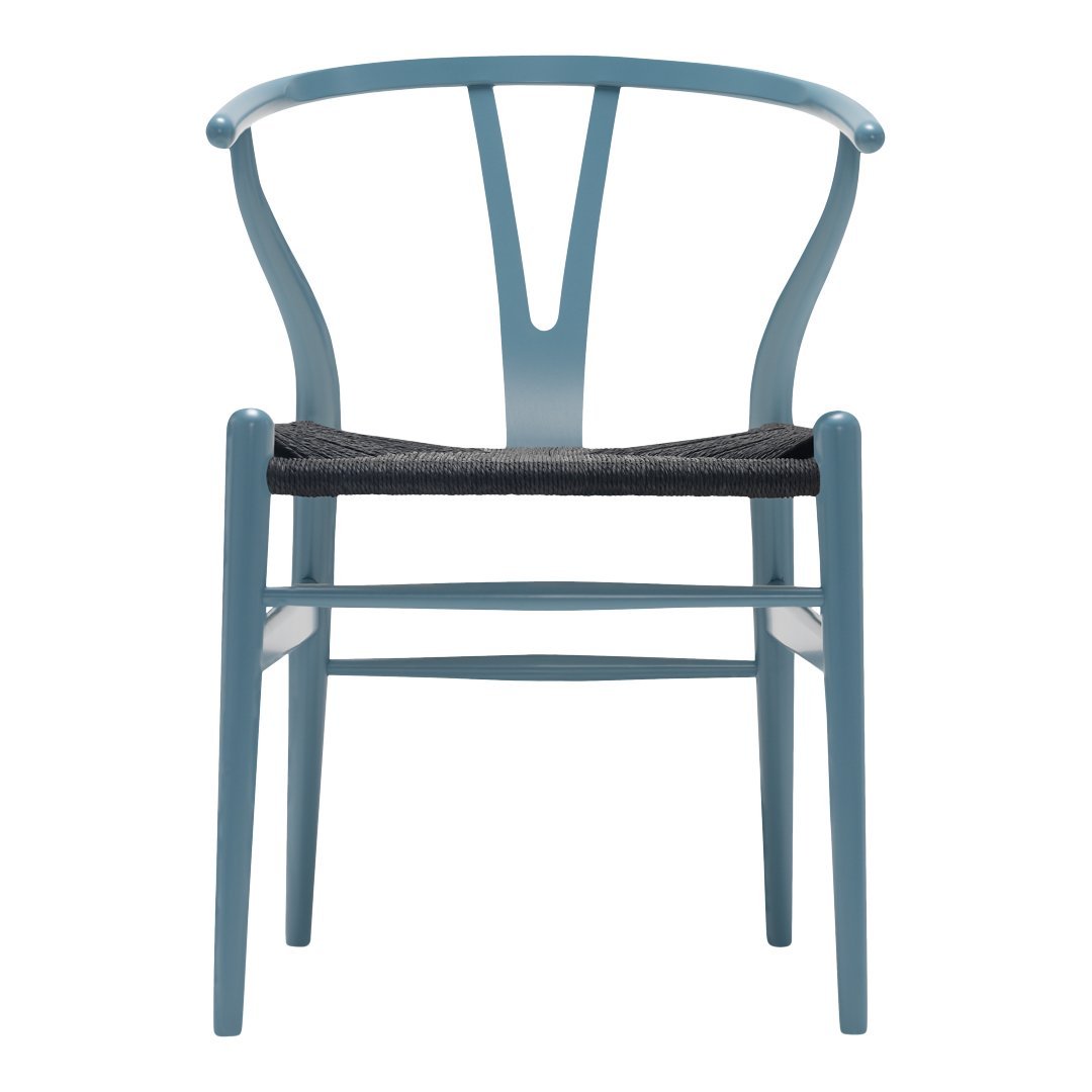 Blue wooden chair with a sleek design and black woven seat, featuring a minimalist and modern aesthetic.
