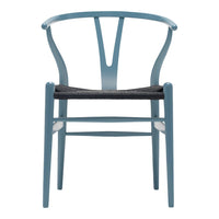 Blue wooden chair with a sleek design and black woven seat, featuring a minimalist and modern aesthetic.