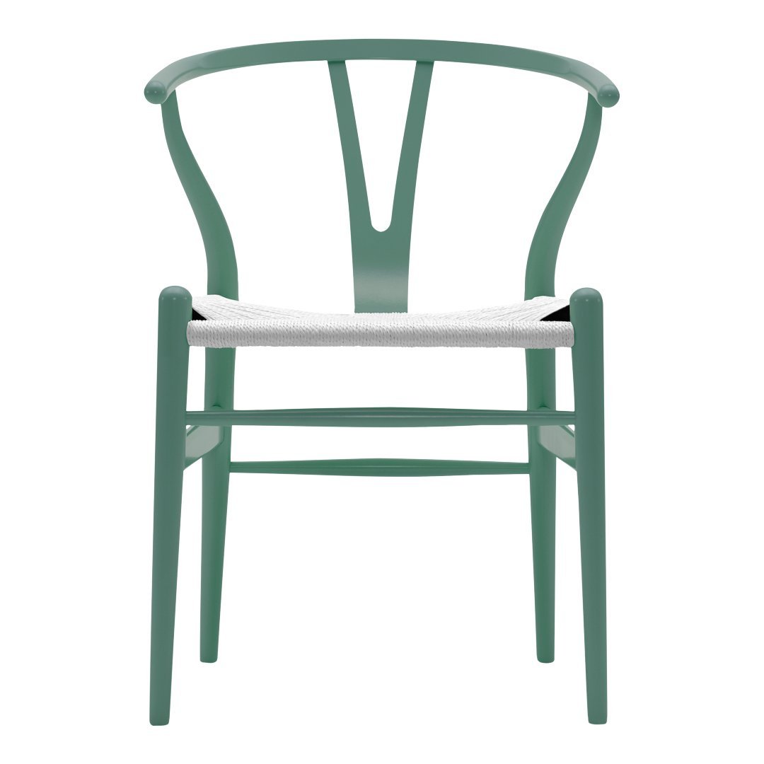 Green chair with a clean, minimalist design and a white woven seat, showcasing a modern aesthetic and elegant lines.