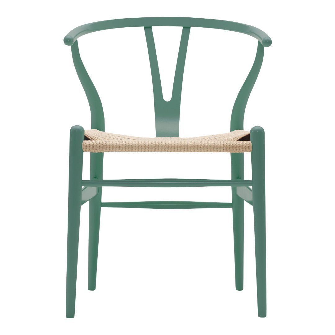 Green wooden chair with a woven natural fiber seat and minimalist design. Perfect for modern decor.