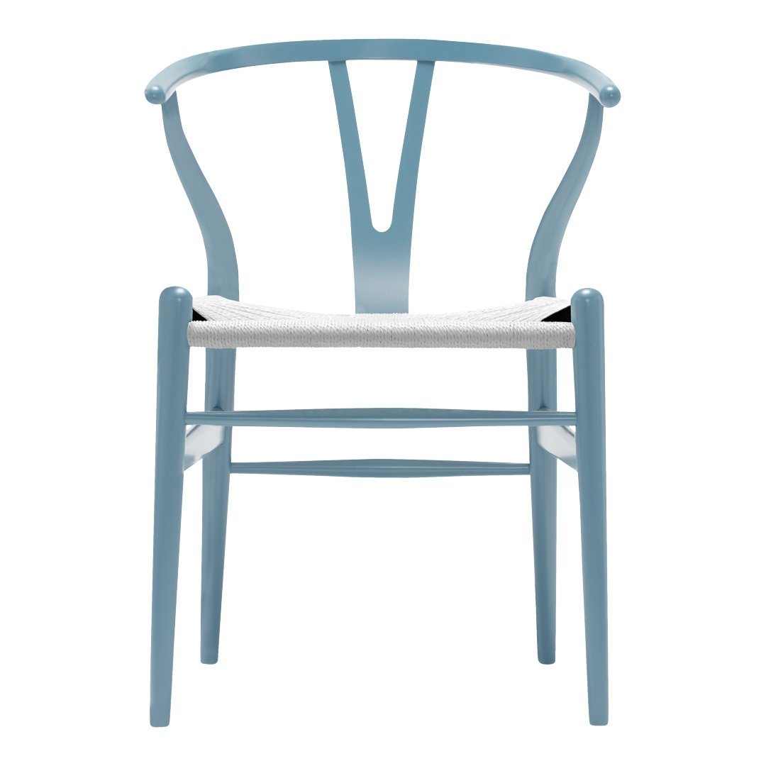 Light blue wooden chair with a minimalist design and a woven white seat. Simple and elegant color contrast.