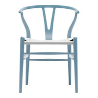 Light blue wooden chair with a minimalist design and a woven white seat. Simple and elegant color contrast.