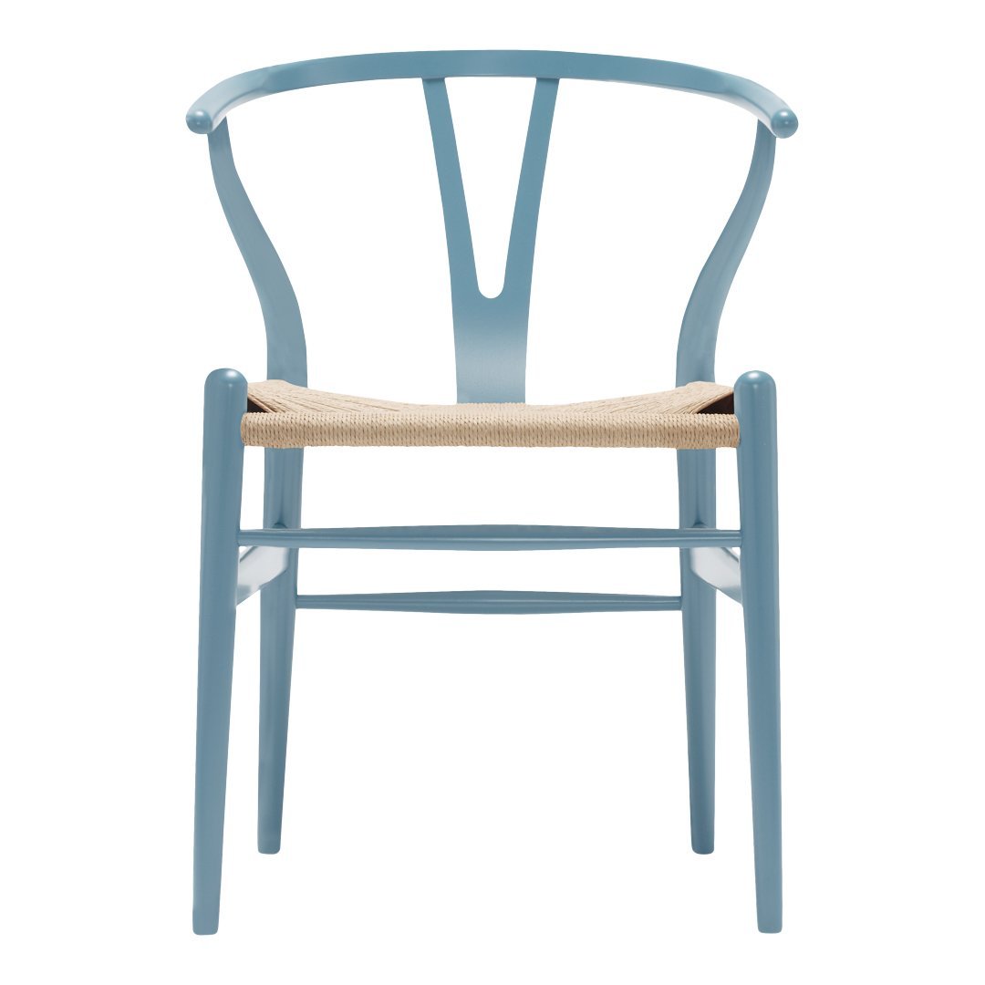 Light blue wooden chair with minimalist design and natural woven seat, ideal for modern decor.