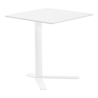 Square white table with a smooth, minimalist design and a sturdy, three-legged base. Perfect for modern decor.