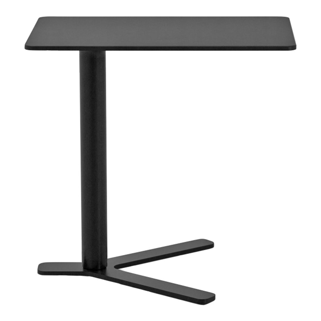 Black side table with a sleek, minimalist design and smooth surface; modern aesthetic for any room.