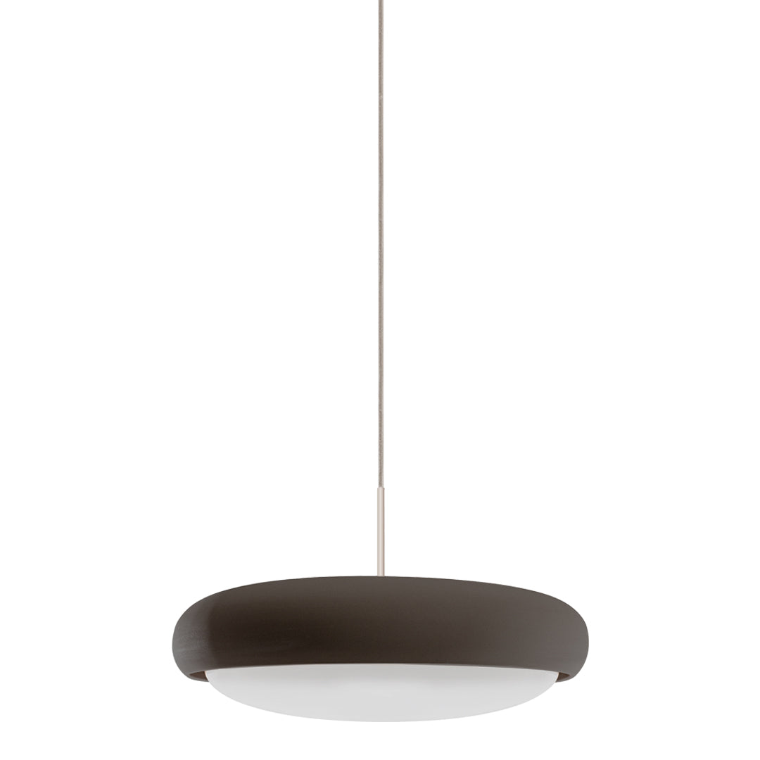 Modern pendant light with a round dark brown shade and a white diffuser, creating a sleek, minimalist design.