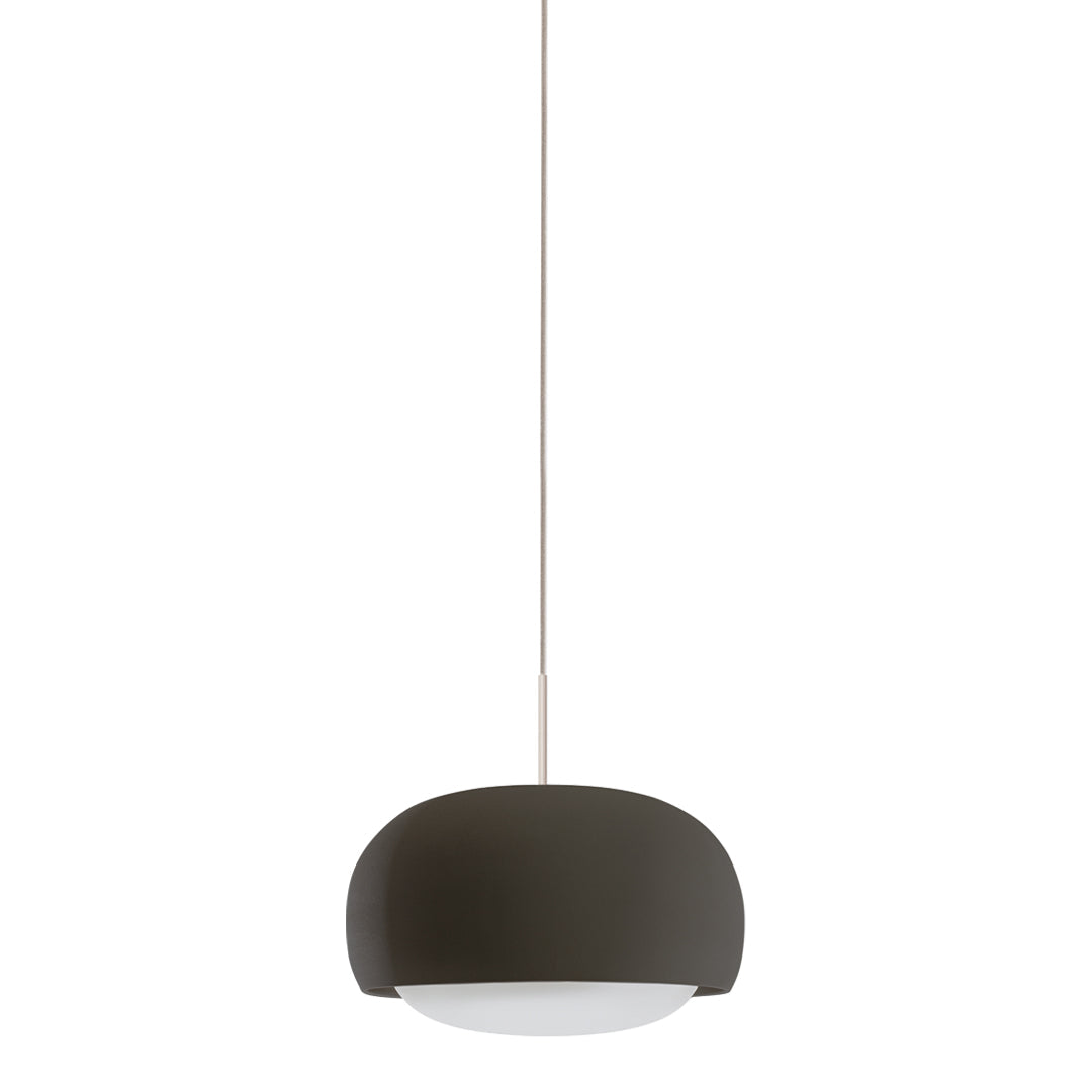 Modern pendant lamp in dark brown with a white shade, featuring a sleek, minimalist design. Perfect for contemporary decor.