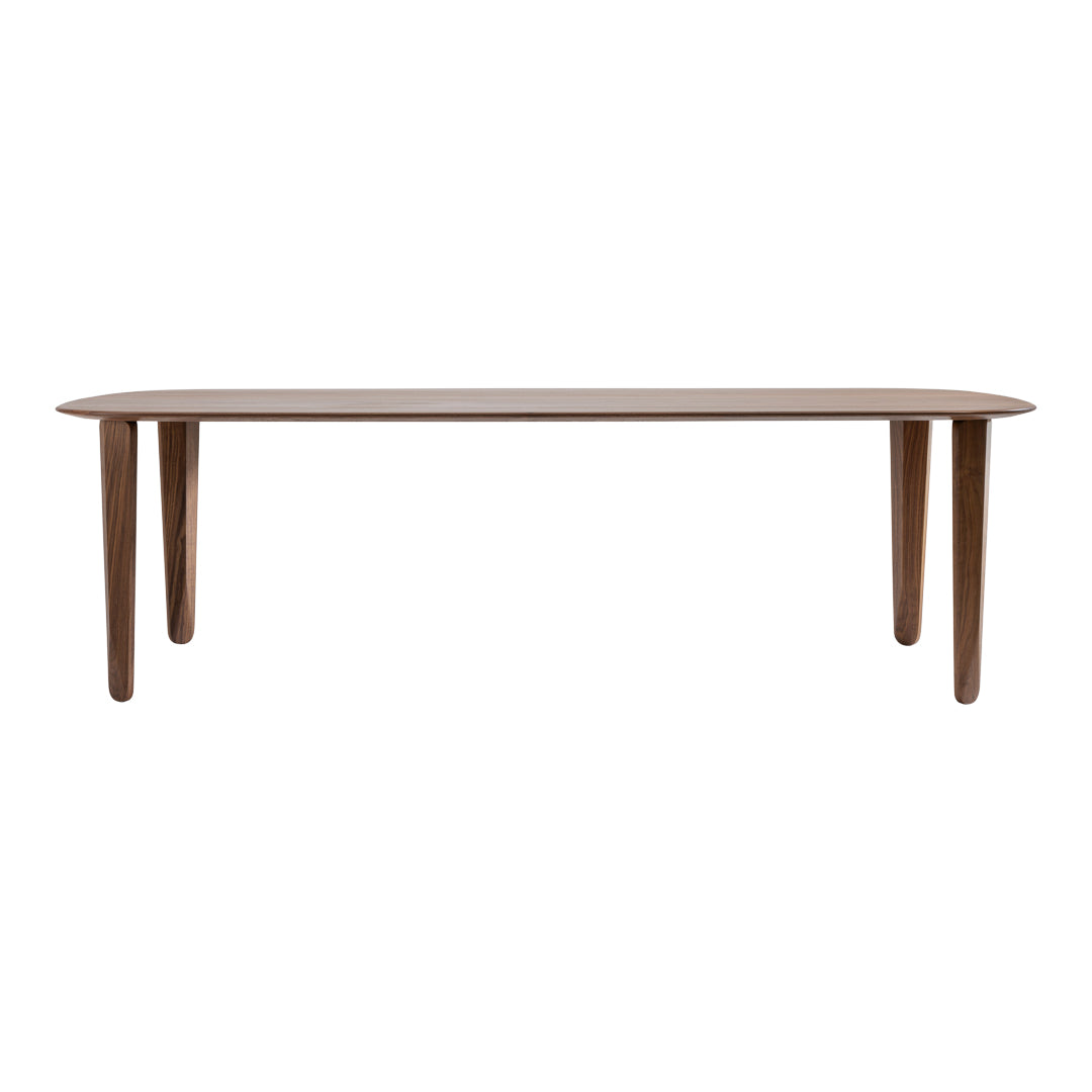 "Rectangular wooden dining table in rich brown finish with sleek, minimalist design and rounded edges."