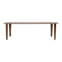 "Rectangular wooden dining table in rich brown finish with sleek, minimalist design and rounded edges."