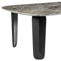 Gray marble tabletop with intricate veining; black wooden legs. Stylish and modern design for contemporary interiors.