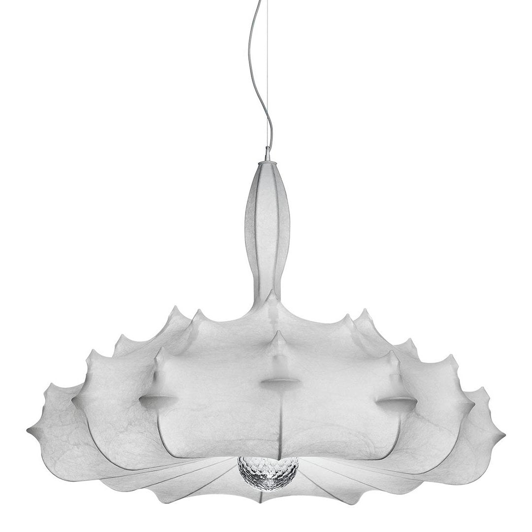 White floral-patterned pendant lamp with a sleek, modern design and elegant curves. Ideal for contemporary decor.