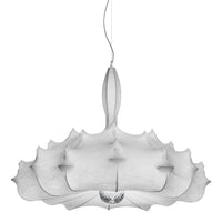 White floral-patterned pendant lamp with a sleek, modern design and elegant curves. Ideal for contemporary decor.