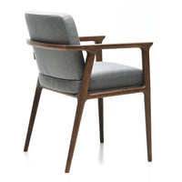 Gray upholstered chair with a sleek wooden frame, featuring a subtle striped pattern for a modern touch.