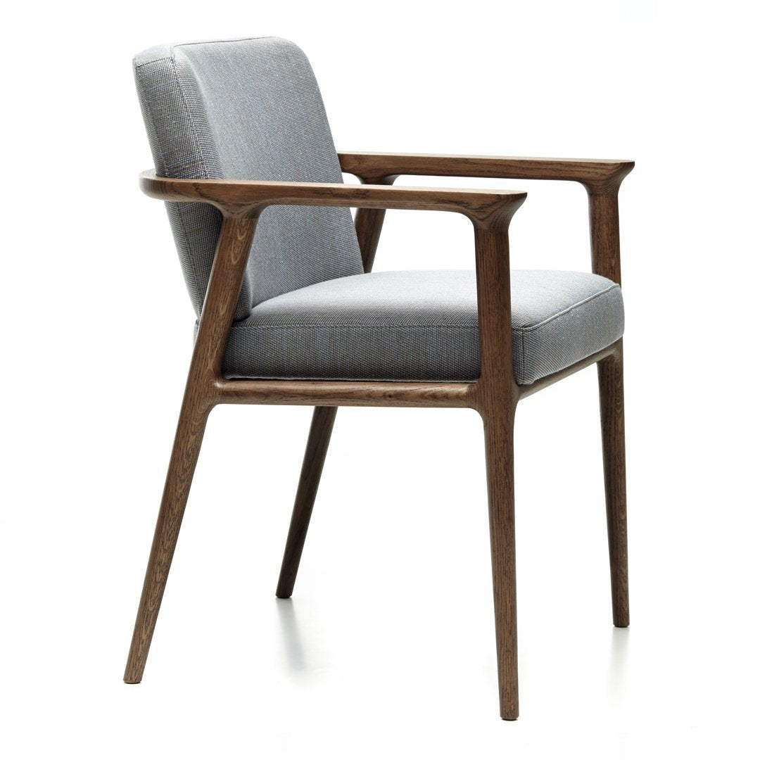 Gray upholstered chair with textured pattern and wooden arms, featuring a sleek modern design.