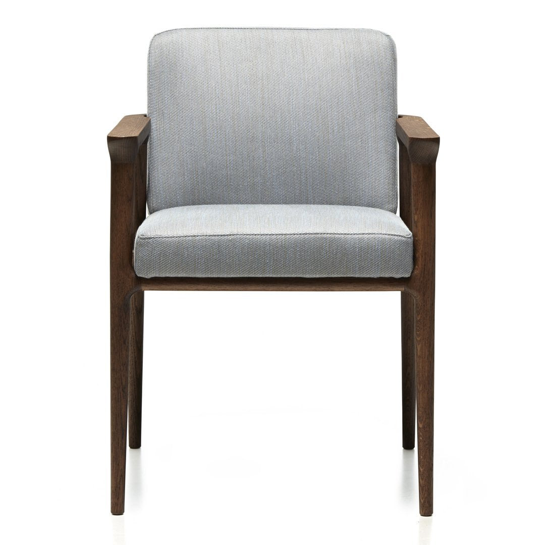 Gray upholstered armchair with a subtle striped pattern and dark wood frame. Ideal for modern decor.
