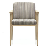 Striped gray and cream upholstered chair with natural wood arms and legs. Modern design for any space.