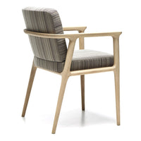 Striped gray and beige upholstery on a sleek wooden armchair with a light wood finish. Stylish and modern design.