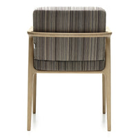 Striped gray and taupe upholstery on a light wood chair, featuring a modern and stylish design.